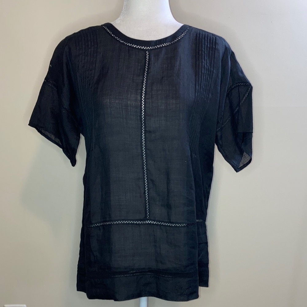 NWT Vince Ramie Short Sleeve Lace Insert Black Top XS